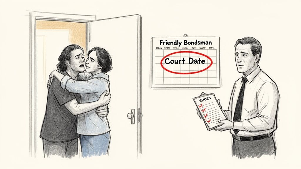 A distressed couple embraces while a bondsman holds a checklist and points to a "Court Date" on a calendar.