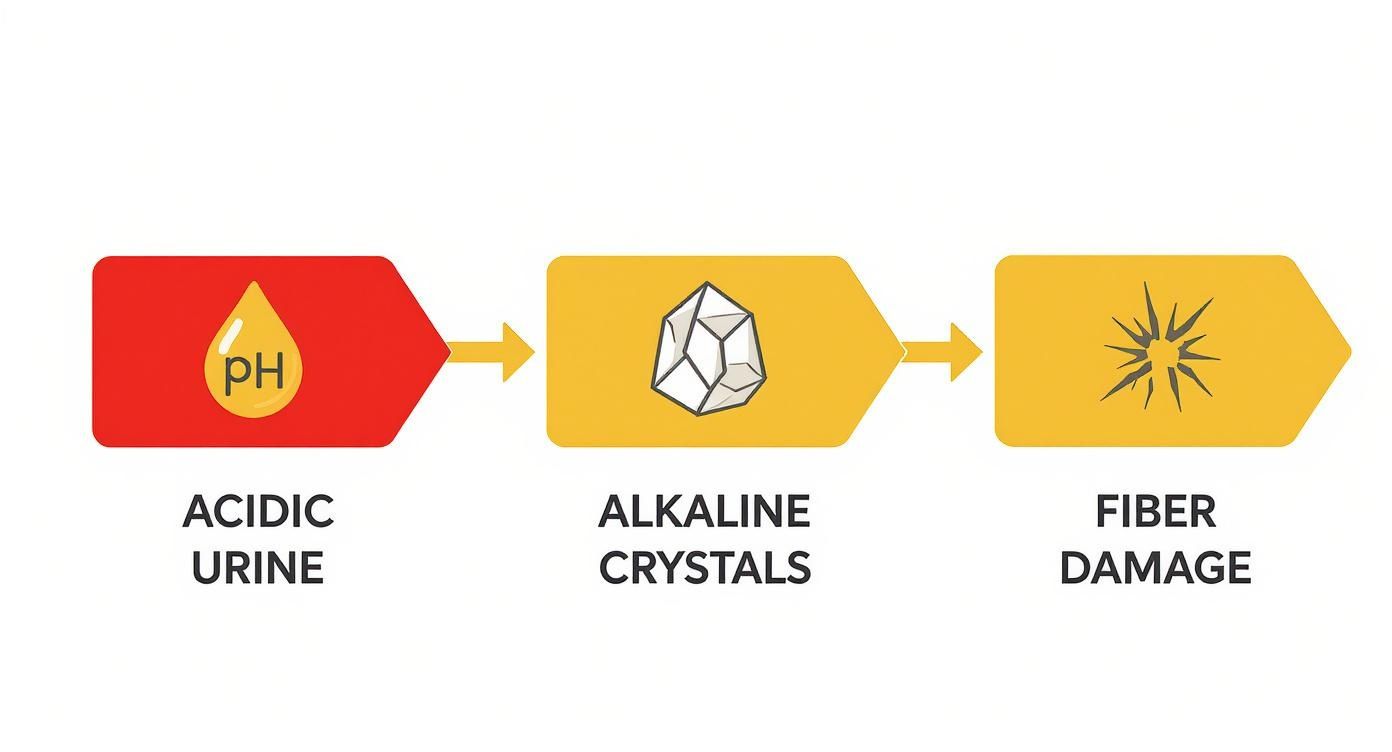 Flowchart showing acidic urine leading to alkaline crystals and subsequent fiber damage.