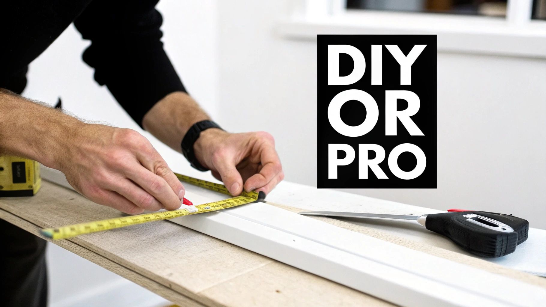 A person is carefully measuring a white transition molding piece with a yellow tape measure and marking it with a red pen, next to shears.