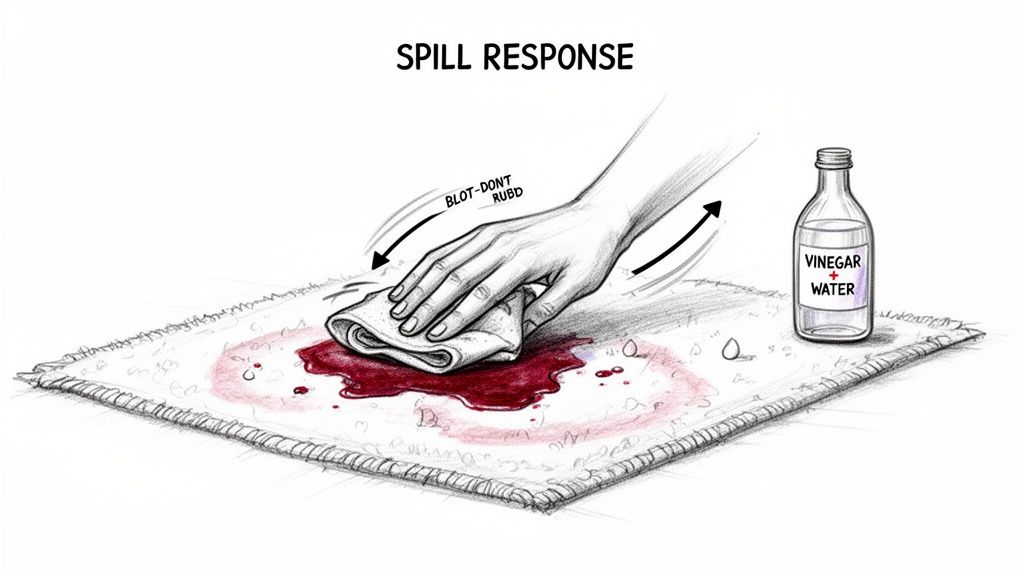 A hand blots a red spill on a rug with a white cloth, a bottle of vinegar and water nearby. Spill response for carpets.
