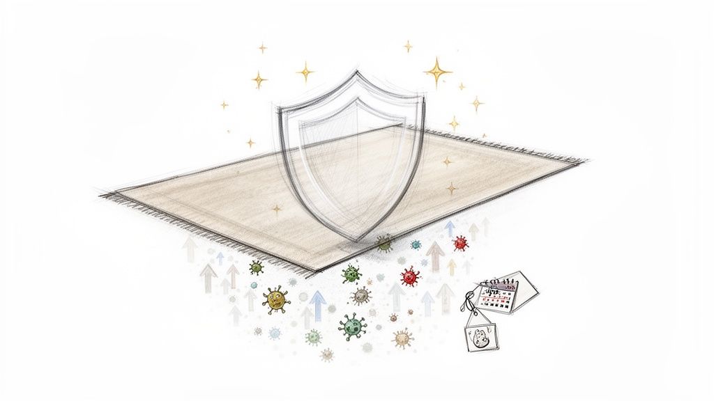 An illustration shows a shielded carpet repelling germs with stars, symbolizing freshness and long-lasting protection.