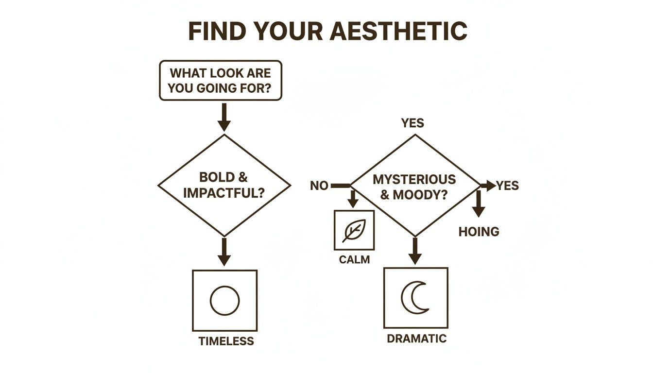A flowchart titled 'FIND YOUR AESTHETIC' guides users to timeless, calm, or dramatic styles.