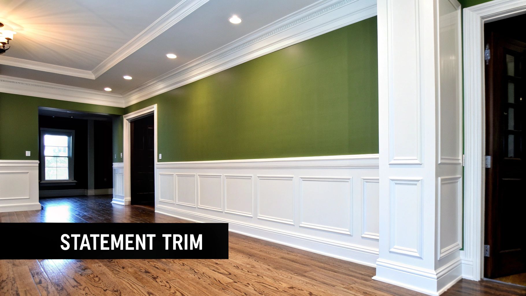 A room with dark green walls, white decorative wainscoting and crown molding, and a wooden floor.