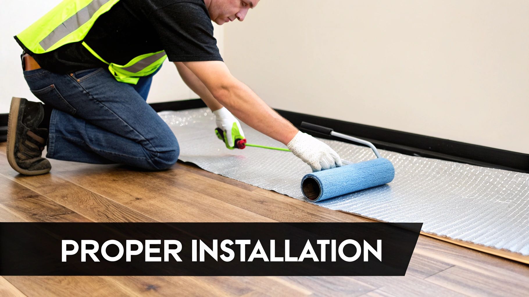 A worker in a safety vest and gloves uses a roller to install underlayment on a hardwood floor.