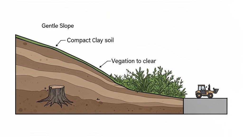A cross-section of a gentle slope with compact clay soil, a tree stump, vegetation, and a construction vehicle.