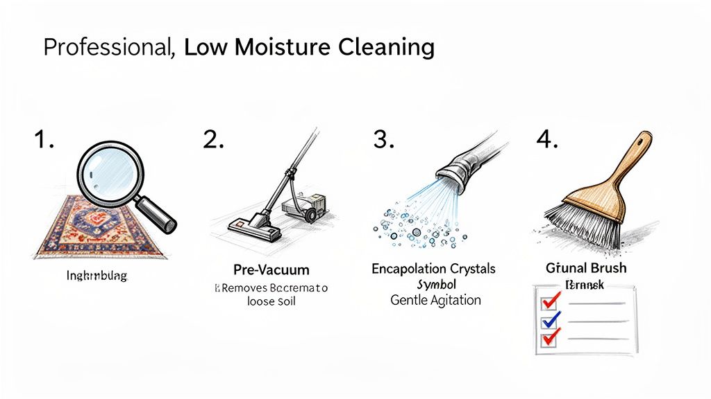 Four steps for professional low moisture carpet cleaning: inspection, pre-vacuuming loose soil, applying encapsulation crystals, and gentle agitation with a brush.