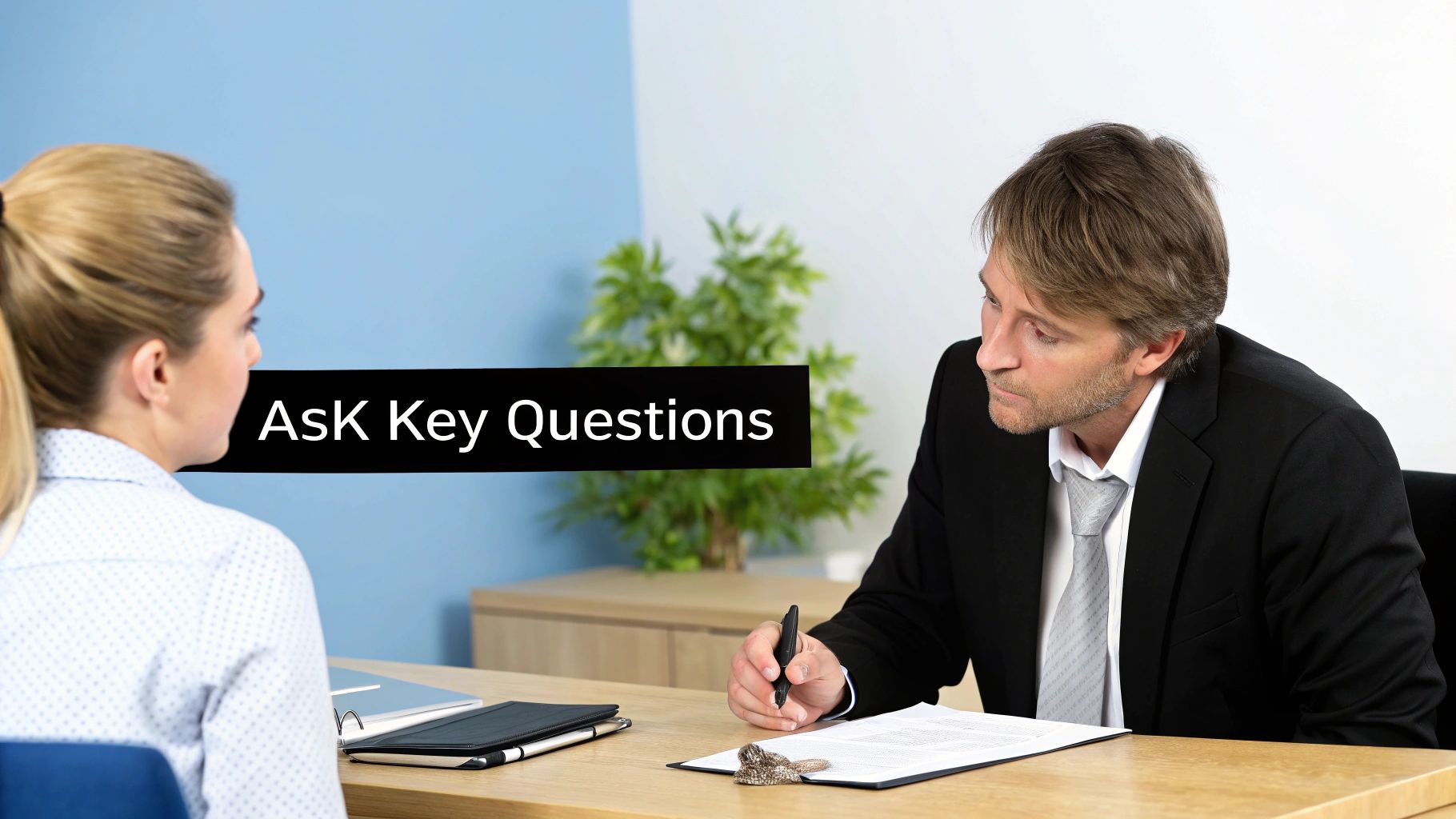 A man and woman in a professional setting at a desk with 'Ask Key Questions' overlay.