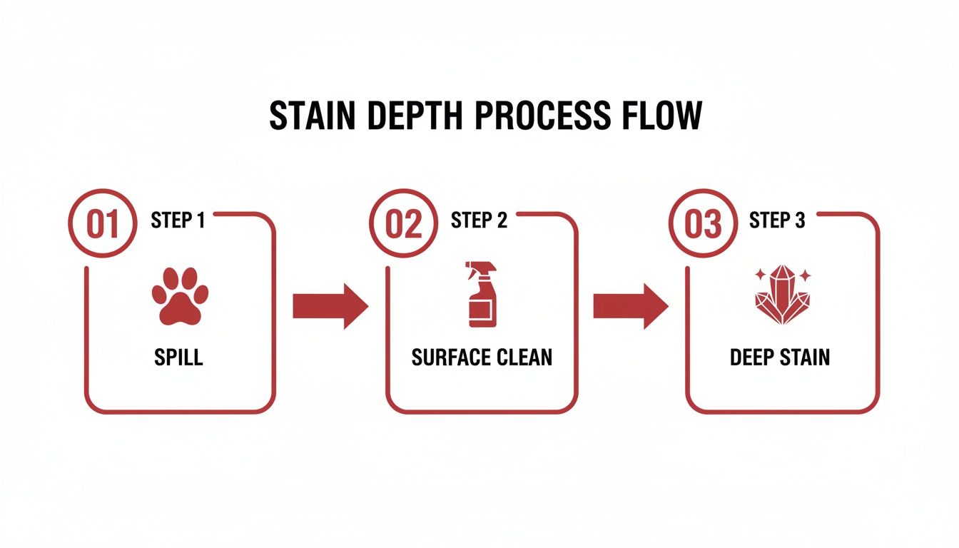 Flowchart illustrating the three-step stain depth process from initial spill to deep stain.