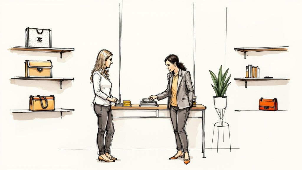 Two women interact at a desk in a boutique setting with designer handbags on shelves.