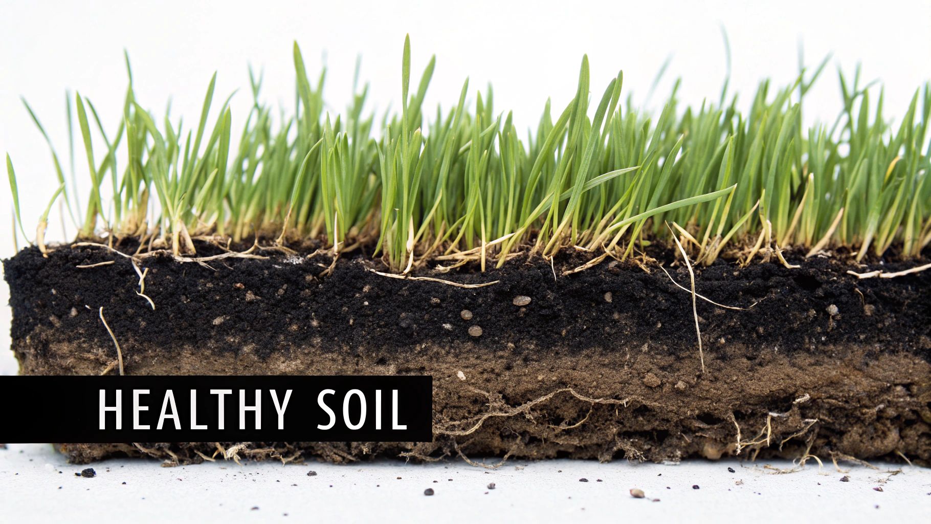 A cross-section image showing healthy, dark soil with vibrant green grass growing and visible roots.
