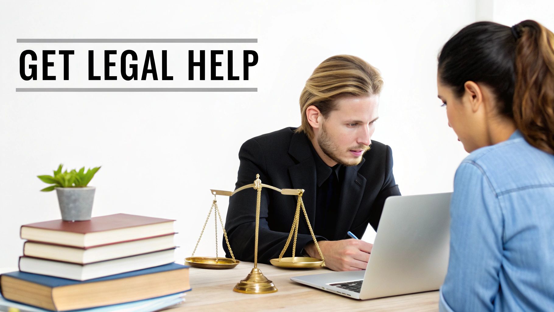 A male lawyer consults with a female client at a desk with scales of justice and books, with text 'GET LEGAL HELP'.