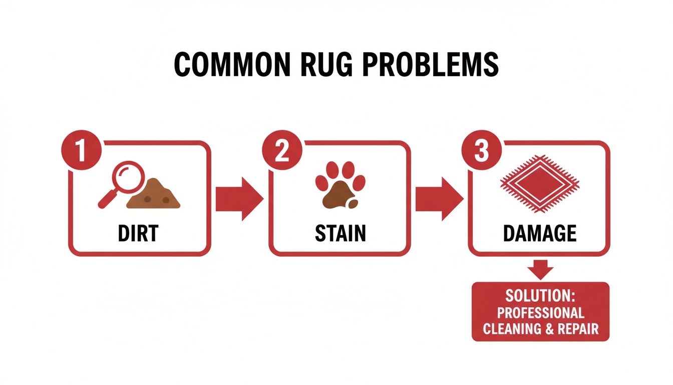 Flowchart illustrating common rug problems: dirt, stain, and damage, with professional cleaning and repair as the solution.