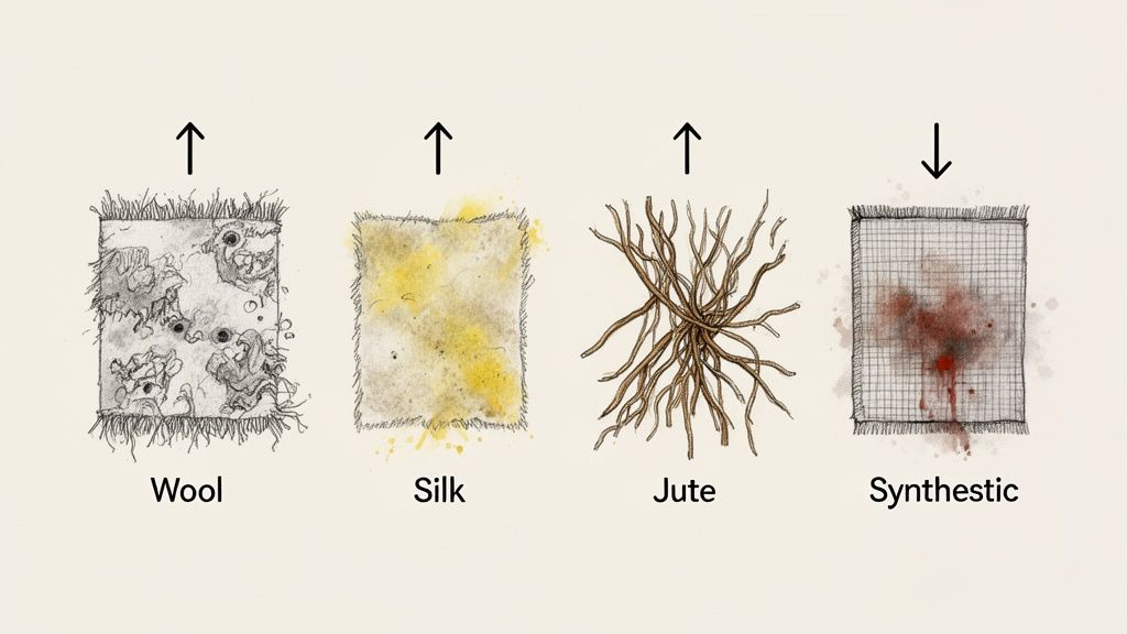 Illustrations of four fabric types: wool, silk, jute (with up arrows), and synthetic (with a down arrow).
