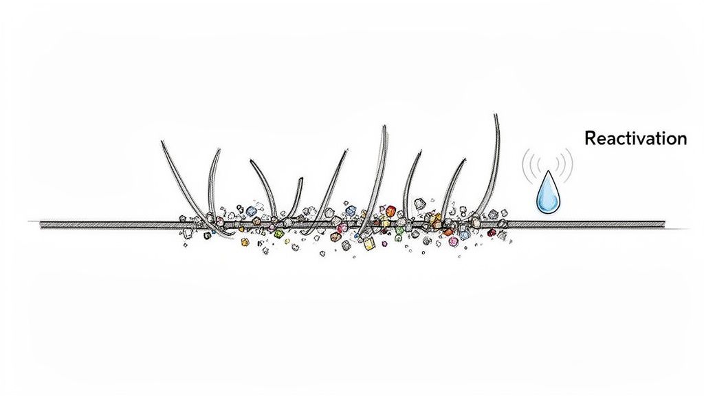 A diagram illustrates fibers, multicolored particles, and a water droplet labeled 'Reactivation' on a surface.
