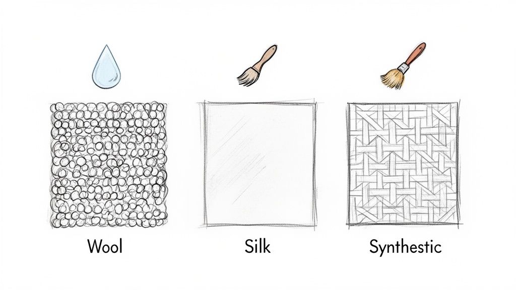 Illustration of three fabric types: wool with water, silk with a narrow brush, and synthetic with a wide brush.