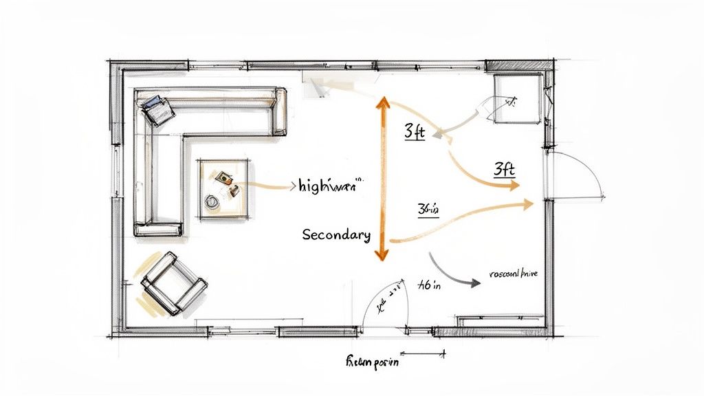 A top-down sketch illustrates a living room layout with an L-shaped sofa, coffee table, and armchair, showing pathways.