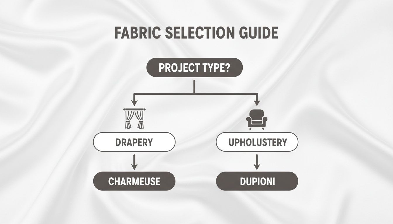 Fabric selection guide flowchart for drapery suggesting Charmeuse, and upholstery suggesting Dupioni.