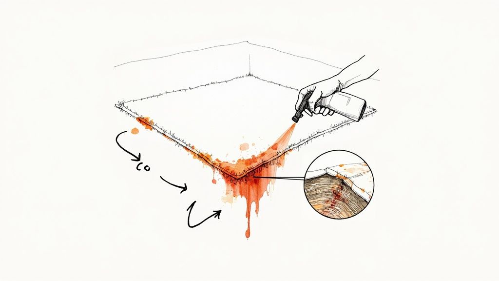 Illustration of a hand spraying red liquid onto a rug corner, showing deep saturation and staining.