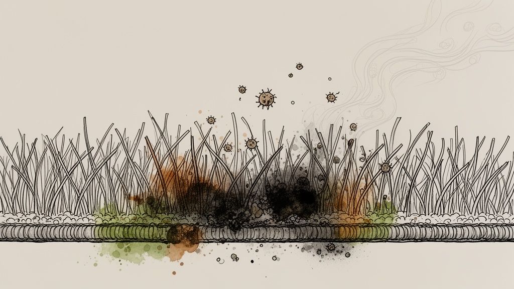Illustration of mildew and spores rising from a contaminated carpet cross-section.