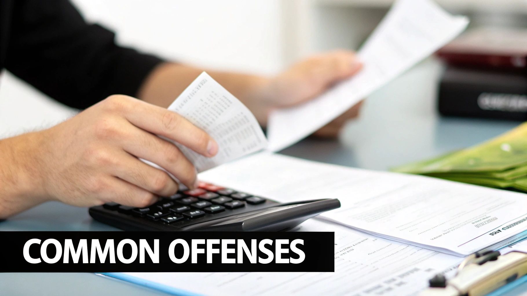 Close-up of hands holding a receipt and using a calculator on a desk with financial documents.