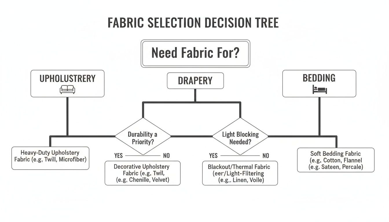 A fabric selection decision tree diagram showing fabric types for upholstery, drapery, and bedding.
