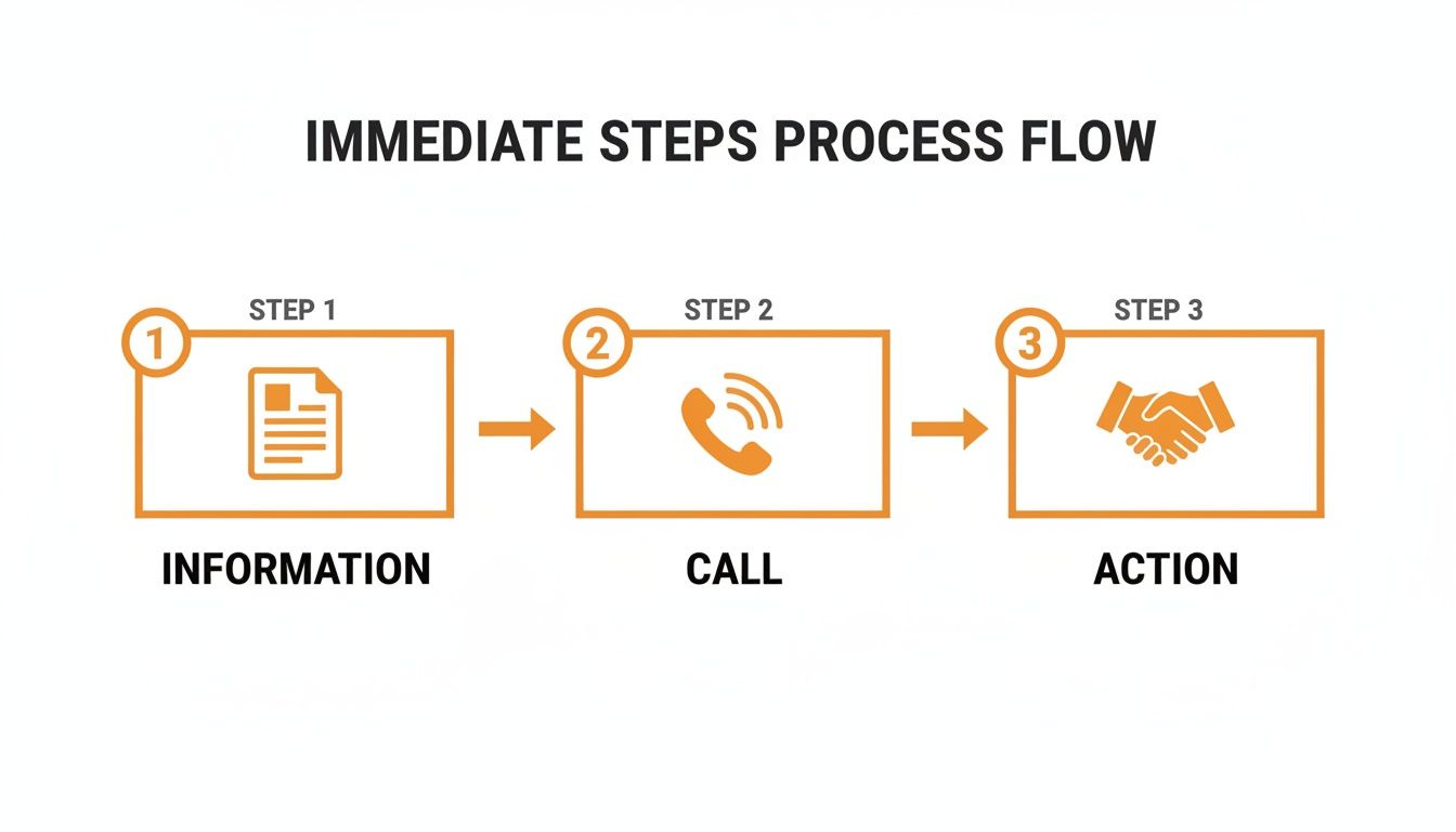 Diagram illustrating a three-step process flow: information, call, and action, with corresponding icons.