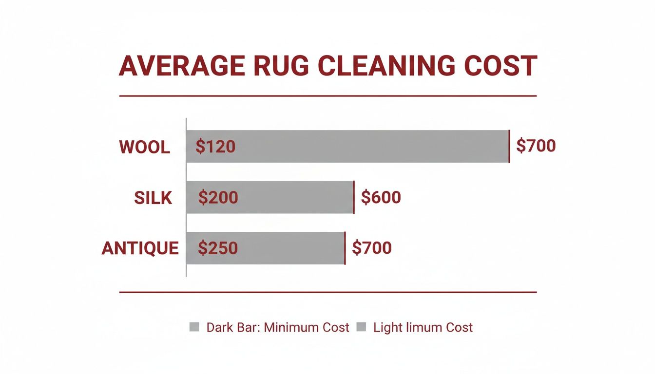 Bar chart showing the average cleaning cost for wool, silk, and antique rugs.