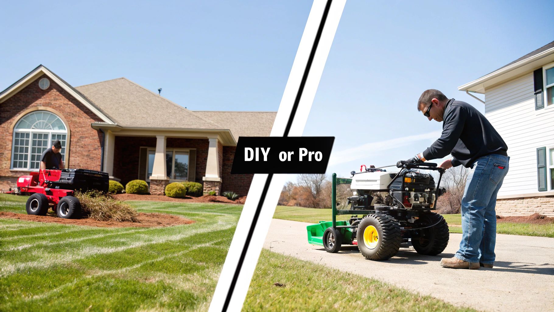 Two men doing yard work with equipment, illustrating DIY versus professional lawn care services.