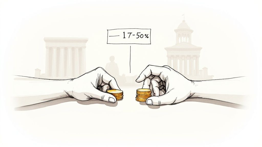 Two hands holding stacks of golden coins, with a '17-50%' sign indicating a variable cost.