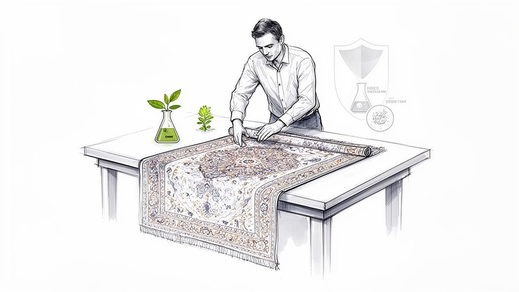 A man rolls a patterned rug on a table, illustrating natural cleaning, fiber protection, and odor reduction solutions.