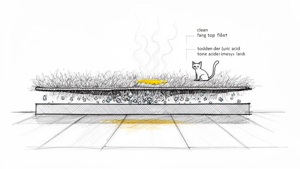 Cross-section diagram of a multi-layer pet litter system showing cat urine absorption through artificial grass and crystals.
