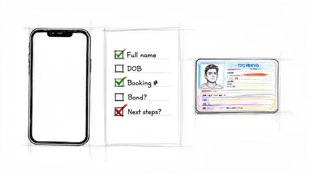 Sketch of a smartphone, a checklist with some items checked, and an ID card, representing a legal or identification process.
