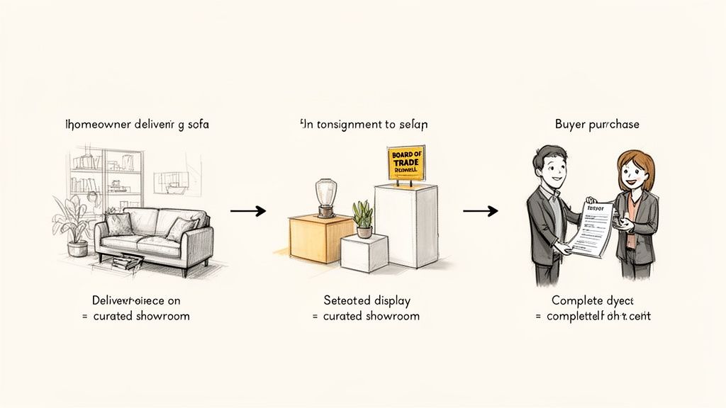 Diagram showing three steps of consignment furniture: delivery, display, and buyer purchase in a curated showroom.