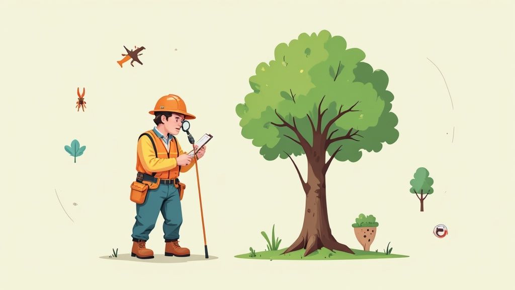 An arborist inspecting the branches of a large tree.