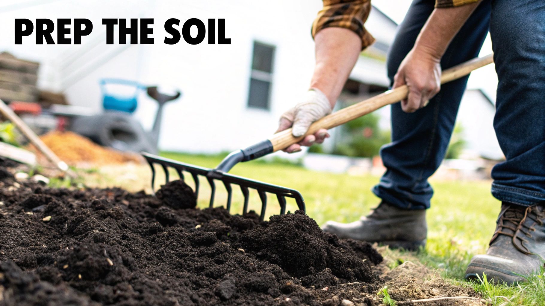 A person in work gloves and jeans raking and leveling dark soil in a garden.