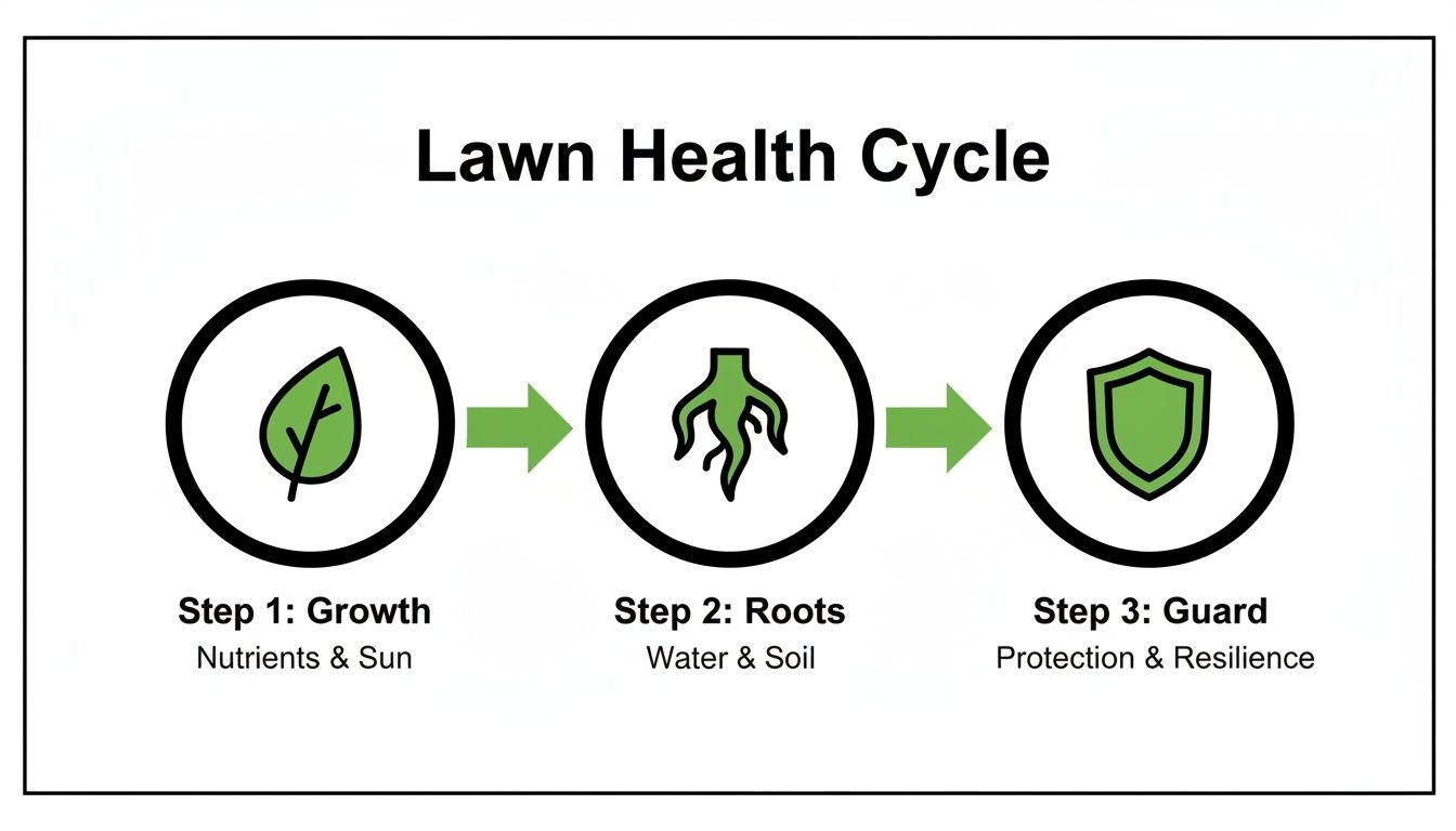 A diagram illustrating the lawn health cycle: Growth (nutrients, sun), Roots (water, soil), and Guard (protection, resilience).