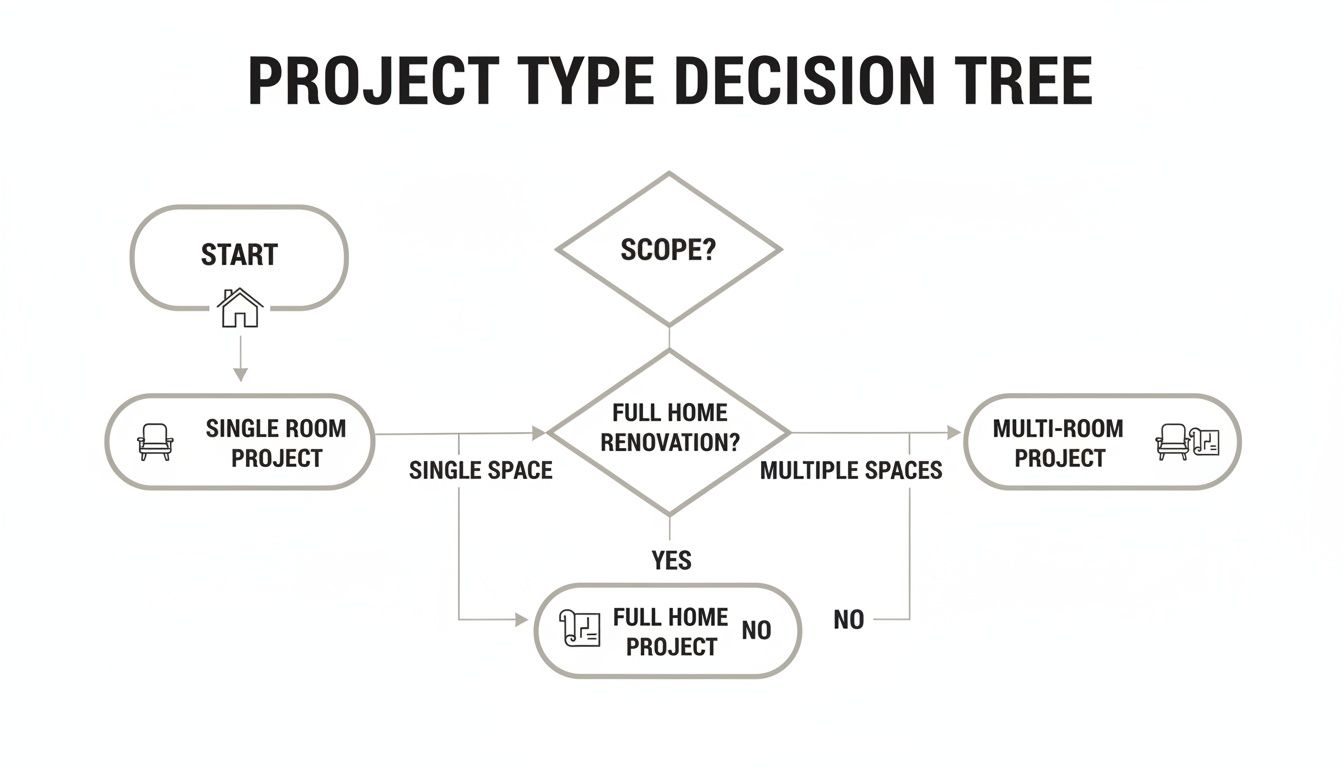 A flowchart decision tree for interior design projects, distinguishing between single room, multi-room, and full home renovations.