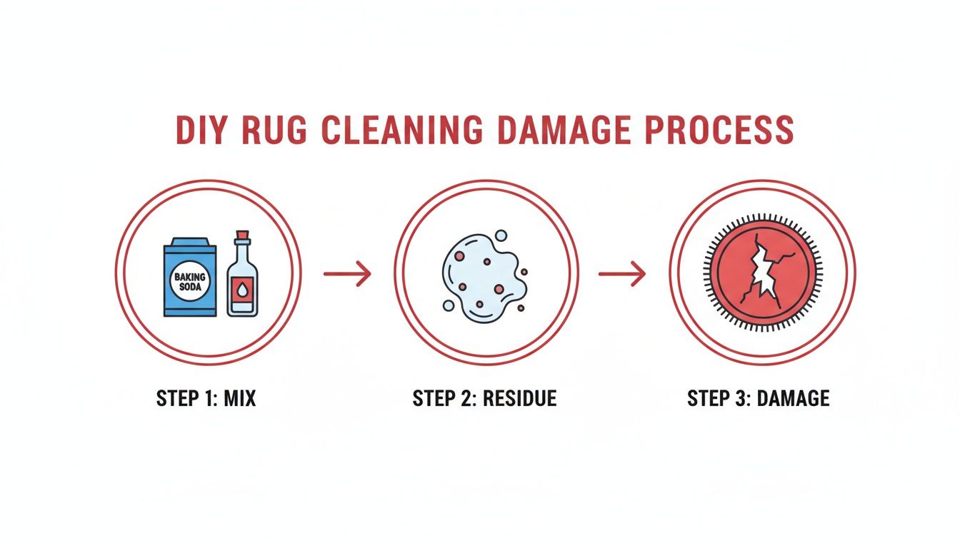 Infographic showing DIY rug cleaning damage: mixing baking soda and vinegar leads to residue and rug damage.