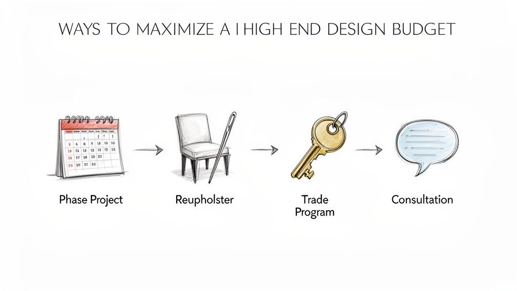 Diagram illustrating four ways to maximize a high-end interior design budget: phase project, reupholster, trade program, and consultation.