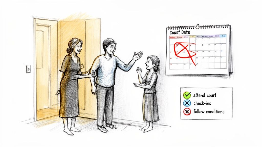 A family talks near a doorway with a calendar showing a crossed-out court date and failed conditions.