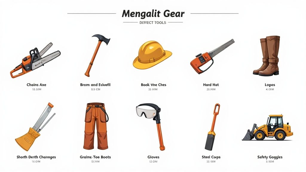 A person wearing safety gear, including a hard hat and gloves, operating a chainsaw.