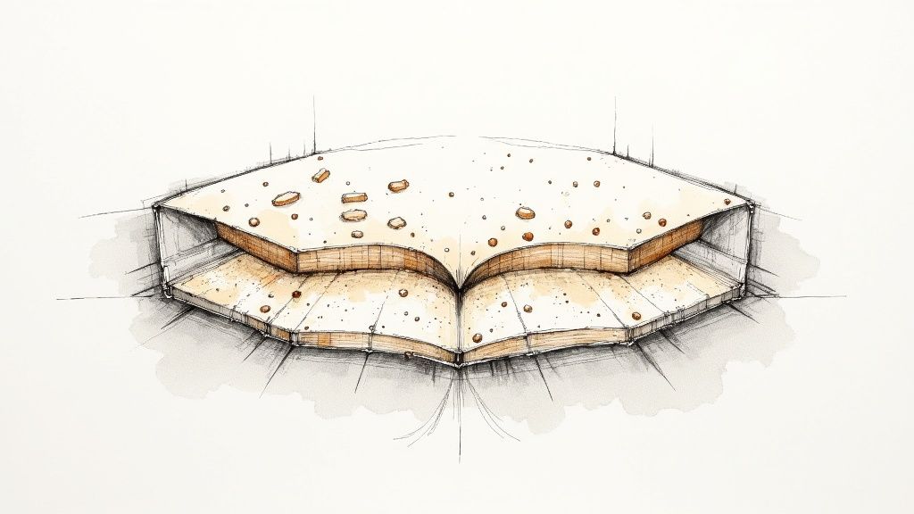 A hand-drawn, watercolor-style architectural cross-section of a layered structure with scattered elements.