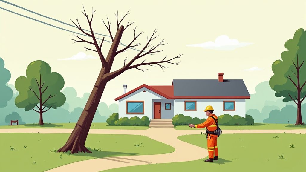 A professional arborist in full safety gear carefully cutting a large tree near a house.