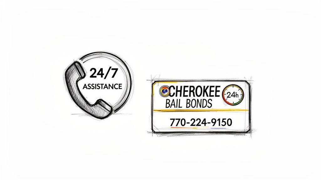 A sketched icon of a phone with “24/7 ASSISTANCE” and a sign for Cherokee Bail Bonds 770-224-9150.