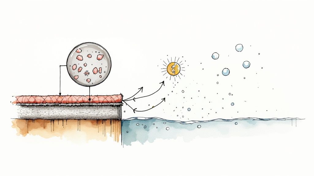 Diagram illustrating microscopic particles detaching from a fabric surface, interacting with sun and water.