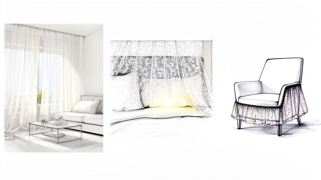 Three interior design sketches featuring sheer curtains, a lace-draped bed, and an armchair with a ruffled skirt.