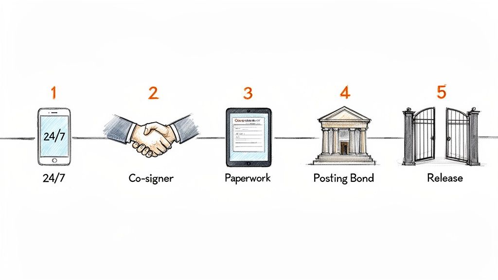 A 5-step process for bond release: 24/7 availability, co-signer, paperwork, posting bond, and release.