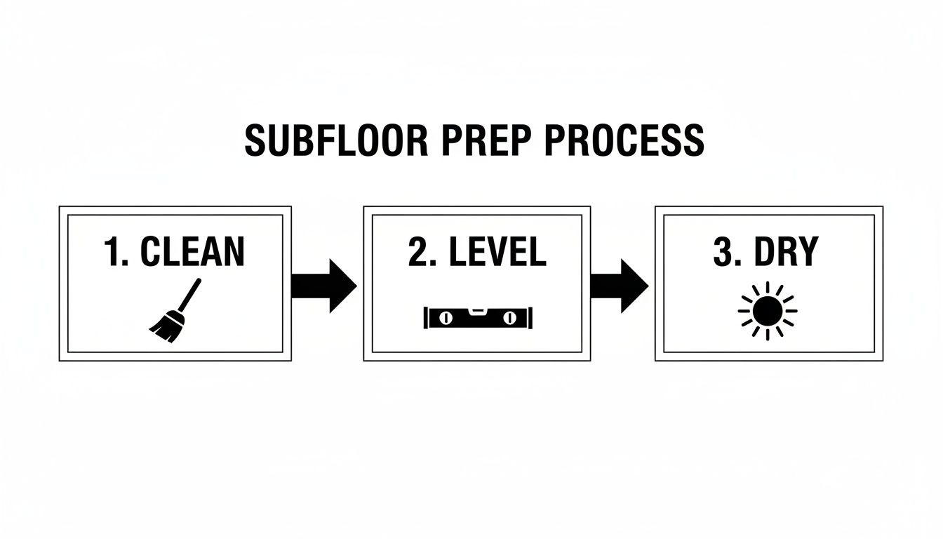 A three-step subfloor preparation process showing clean with a broom, level with a spirit level, and dry with a sun icon.