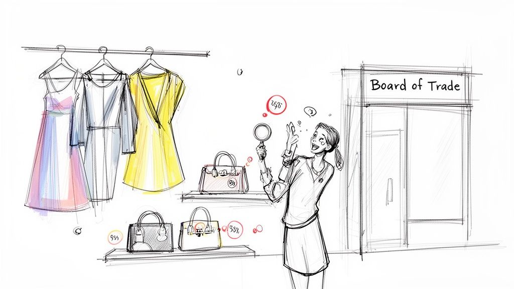 Illustration of a woman inspecting dresses and handbags with a magnifying glass, excited by prices.