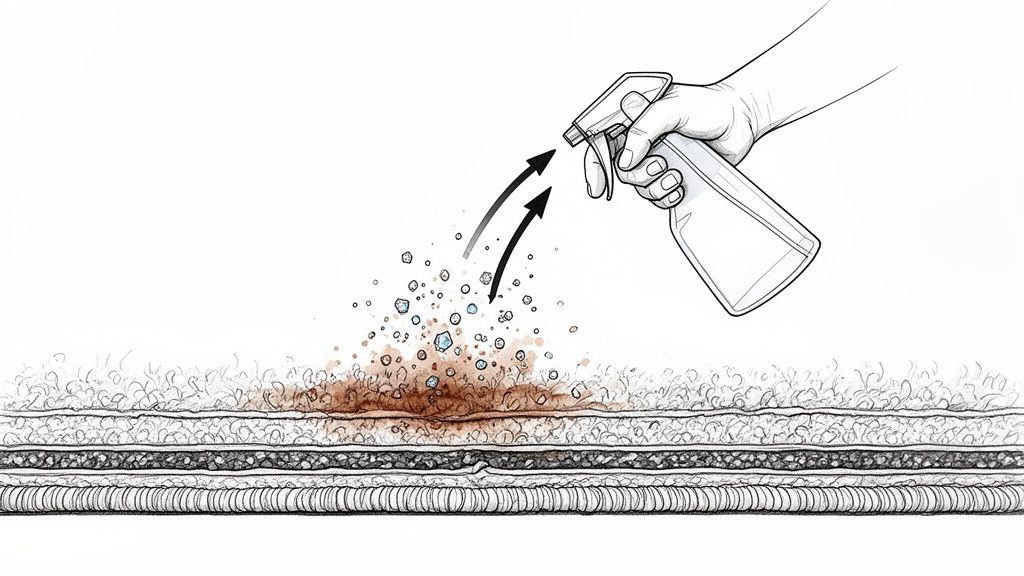 A hand sprays cleaning solution onto a brown stain on a layered carpet, illustrating the cleaning process.